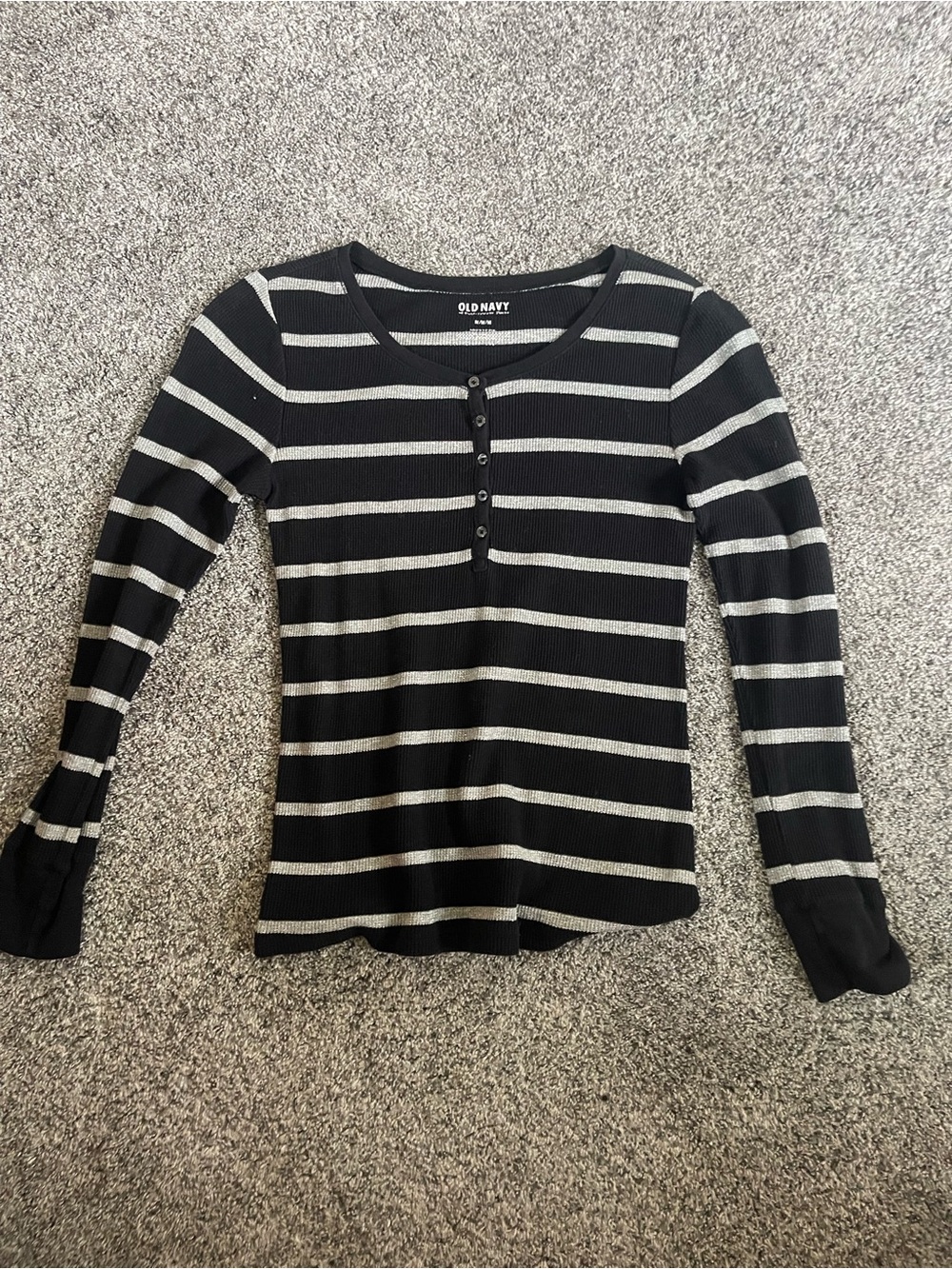 Old Navy Black and White Striped Henley Long Sleeve Top - Picture 1 of 2